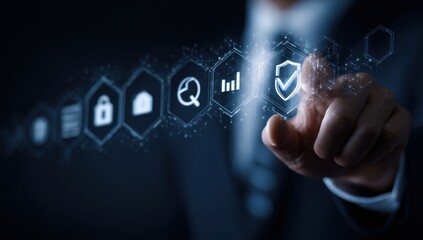 Businessperson interacts with digital security icons