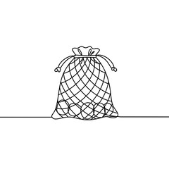 Line art of a drawstring bag filled with circular objects on a surface  