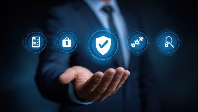 Hand holding digital security icons