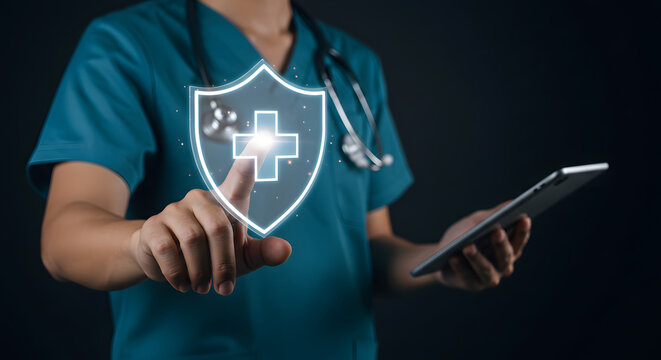 Digital Healthcare Shield: Doctor Using Technology for Protection