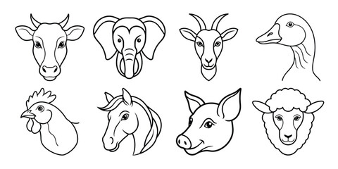 Animal line art vector set on white background, icon collection