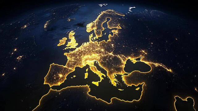 Night View of Europe from Space, City Lights Glowing on the Continent, Geography Concept