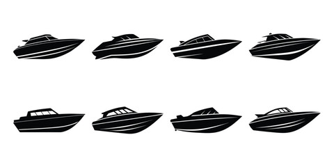 Set of vector speed boat silhouette on white background
