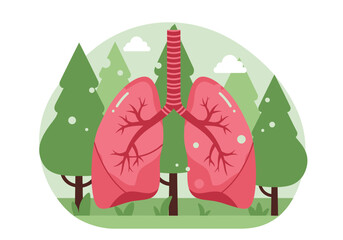 Stylized human lungs are shown amidst trees clouds and grass in a naturethemed illustration