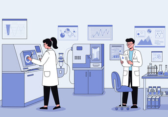 Two scientists in a lab one operates equipment another studies papers