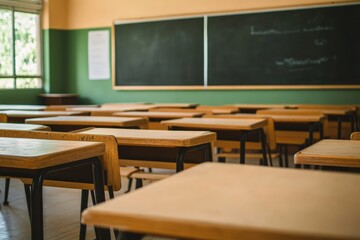 Nostalgic mid-century classroom with wooden desks and a vintage chalkboard, bathed in warm natural light where generations learned foundational lessons.