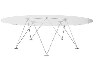 Architectural Metal Base Table: This image displays a contemporary table with a transparent, polygon-shaped surface and a geometrically intricate, polished metal leg structure.