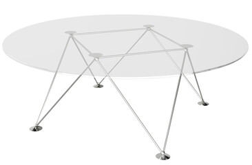 Modernist Accent Table: A clean 3D illustration of a table with a distinct circular  glass surface and a base composed of converging and diverging metal rods, finished with spherical feet.