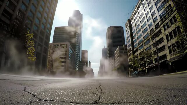 Scorching Urban Heatwave Making Asphalt Steam Under Intense Sunlight in a Modern City