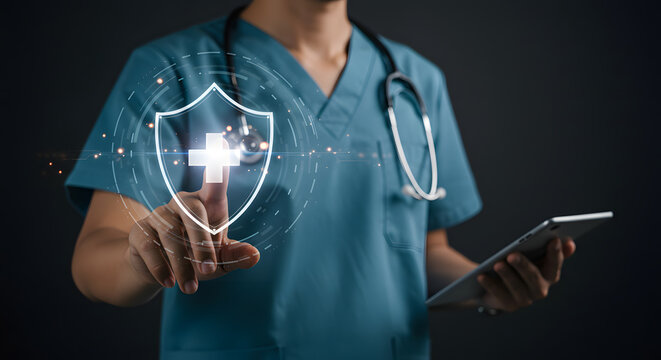 Digital Health Protection: Doctor Interacting with Virtual Shield