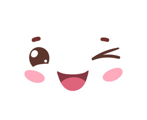 Vector illustration of a winking cartoon face with smile and blush. Flat isolated illustration.
