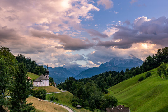 Maria Gern Church and Bavarian Alps with Watzmann Mountain during Sunset, Germany, Europe