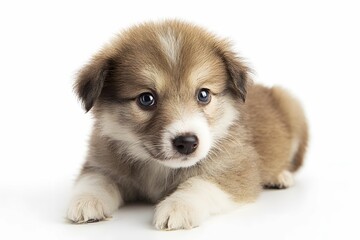 Obraz premium Cute tiny pup with fluffy coat, bright eyes, on white background.