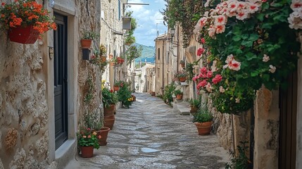 Charming European alleyway adorned with vibrant flowers in pots, creating a picturesque and inviting scene.