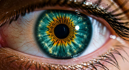 Closeup of a mesmerizing human eye with unique teal and gold iris detailed macro photography ophthalmology vision eye health iris anatomy