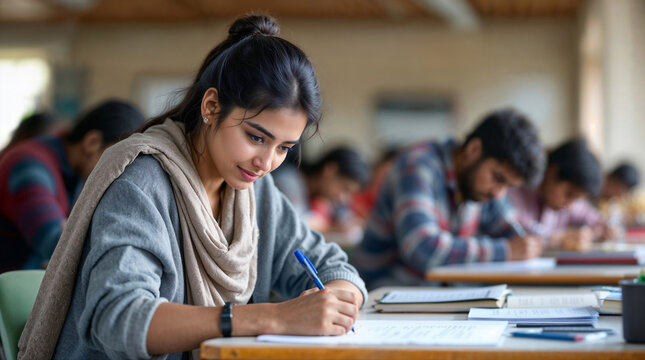Indian management student revising notes before class test
