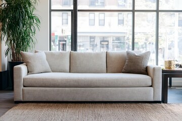 Modern neutral-toned sofa in a sleek living room.
