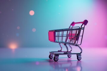 Close-up of holographic shopping cart, pastel backdrop , visual, colorful
