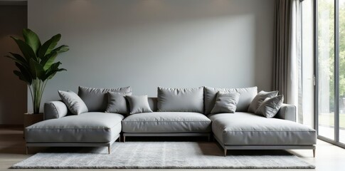 Sleek grey sofa, minimalist decor, large window, interior design, bright, home