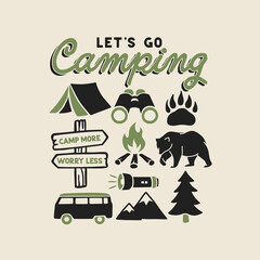 Vector graphic for a t-shirt featuring "Let's Go Camping" with a tent, binoculars, bear paw, campfire, bear, sign, van, mountains, and trees. Retro style. © cddesign.co