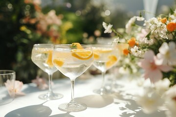 Wedding cocktails glass table outdoors.