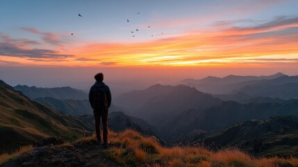 Obraz premium Serene Sunset Over Mountain Range with Silhouette of Hiker
