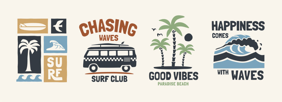 Vector graphic set with a tropical surf theme graphics. Perfect for t-shirt print, posters, and other surfing related designs