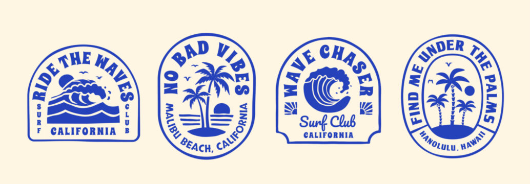 A set of retro-style surf club vector badges with waves, palm trees, and sunsets. Perfect for t-shirt designs, logos, and coastal branding, evoking the California surf culture.