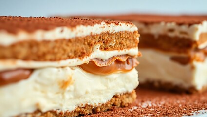 Close-up macro shot of tiramisu texture, focusing on creamy mascarpone and soaked biscuit layers, cocoa dusting sharp in foreground, clean studio backdropClose-up macro shot of tiramisu texture, focus