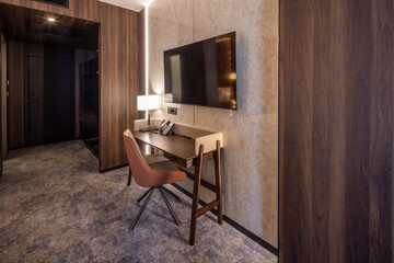 Modern hotel room work desk area
