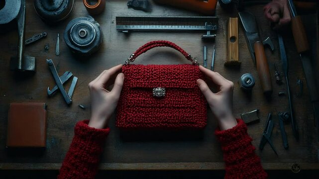 Red Knitted Bag Surrounded by Craftsman's Tools