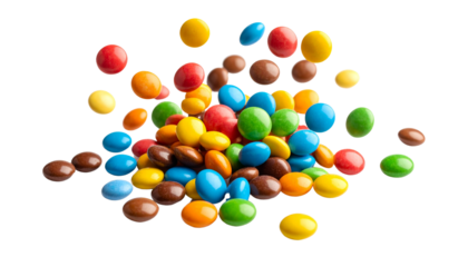 Colorful candies falling isolated on solid white  background Png form