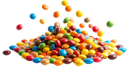 Obraz premium Colorful candies falling isolated on solid white background in Png
