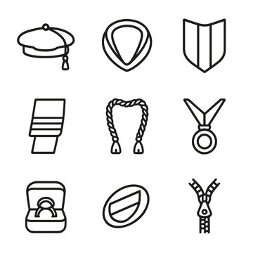 Academic Regalia Icons. Outline icon set of academic regalia accessories: velvet tam, doctoral hood, hood lining, gown cuff,