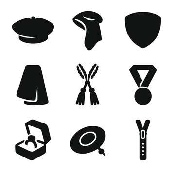 Academic Regalia Icons. Solid, Filled icon set of academic regalia accessories: velvet tam, doctoral hood, hood lining, gown cuff,