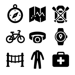 Adventure Icon Set. Solid, Filled icon set of adventure racing: compass, map, raft, mountain bike, headlamp, GPS watch, rope