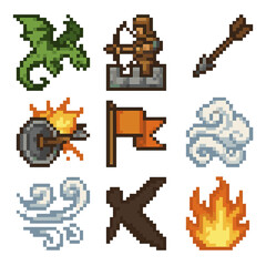 Obraz premium Aerial Combat Icons. Pixel art icon set of aerial combat: swooping dragon, archer on wall, falling arrow, shield deflection,