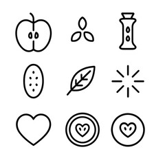 Apple Anatomy Icons. Outline icon set of apple cross-sections and anatomy: apple half, seed cluster, core, skin pattern, stem,