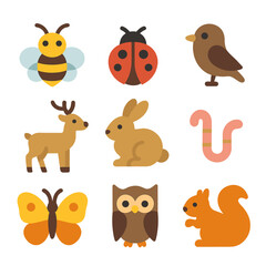 Naklejka premium Apple Farm Wildlife Icons. Flat icon set of apple farm wildlife: bee, ladybug, bird, deer, rabbit, earthworm, butterfly, owl,