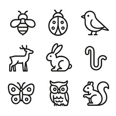 Apple Farm Wildlife Icons. Outline icon set of apple farm wildlife: bee, ladybug, bird, deer, rabbit, earthworm, butterfly, owl,