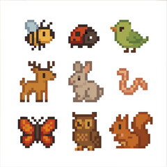 Apple Farm Wildlife Icons. Pixel art icon set of apple farm wildlife: bee, ladybug, bird, deer, rabbit, earthworm, butterfly, owl,