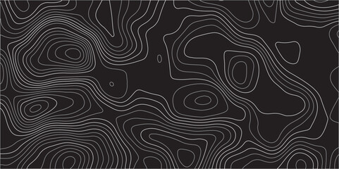 An abstract topographic map design featuring thin, light gray contour lines intricately weaving across a solid black background. The lines undulate and curve,