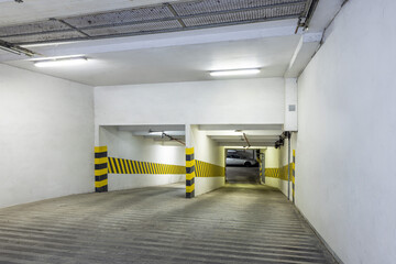 Underground parking garage ramp with markings