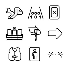 Airplane Evacuation Icons. Outline icon set of airplane evacuation: emergency slide, exit path lighting, seat row indicator, exit