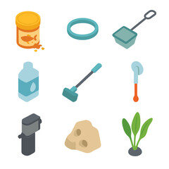 Aquarium Essentials Icons. Isometric Flat icon set of feeding fish their evening meal: fish food flakes jar, feeding ring,