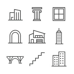 Fototapeta premium Architectural Icon Set. Outline icon set of architectural illustrations: minimalist building, column facade, window frame, archway