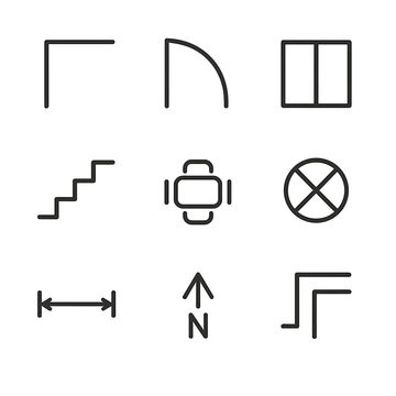 Architectural Plans Icons. Outline icon set of architectural floor plan schemes: wall outline, door swing, window frame, stair