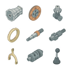 Automotive Transmission Icons. Isometric Flat icon set of automotive transmission parts: transmission casing, clutch plate,