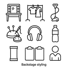 Backstage Essentials Icons. Outline icon set of backstage styling: makeup table, wardrobe rack, garment steamer, sewing kit,
