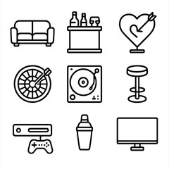 Bachelor Pad Icons. Outline icon set of bachelor pads: leather sofa, mini bar, neon sign, dartboard, vinyl player, bar stool,